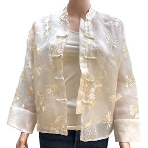 Elegant Cream Floral Embroided Shrug Traditional Chinese Style Silk Jacket XL